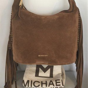 MICHAEL KORS Brown Suede Fringe Billie Large Purse